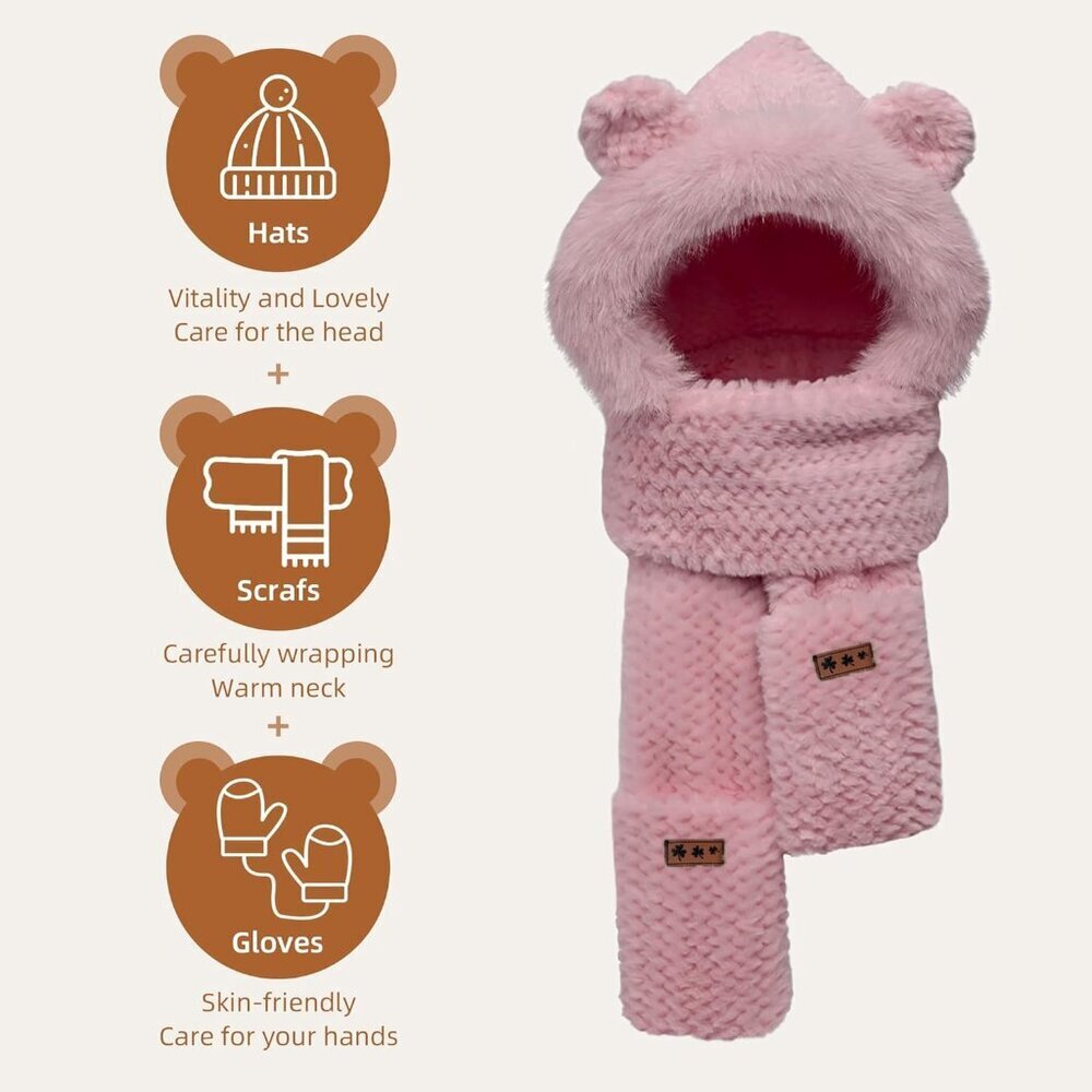 Women's Pink Winter Cute Bear Ear Hat Scarf 3 In 1 Faux Fur Gloves Set - Picture 9 of 9
